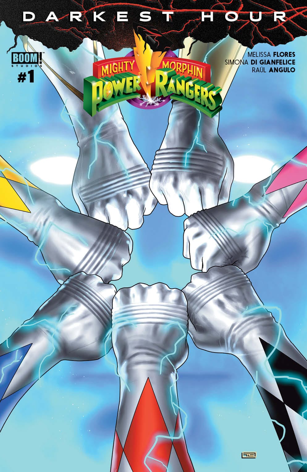 Power Rangers putting their fist together in a circle as electricity swirls around them