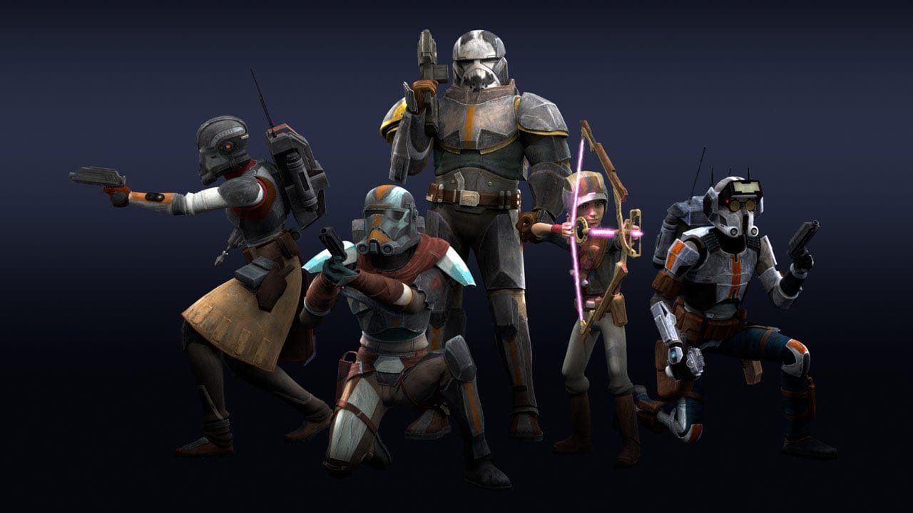 Bad Batch characters Omega, Hunter, Wrecker, Tech, and Echo