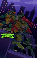 Mikey, Raph, Donnie, and Leo posing on a New York City Rooftop