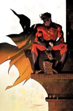 Time Drake Robin sitting on a roof top eating a hamburger