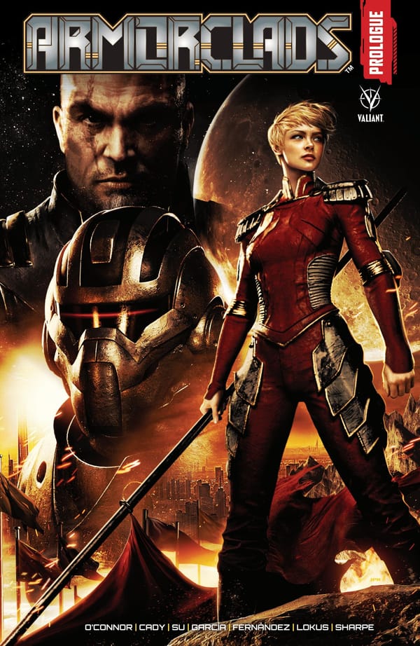 Image of woman, man, and masked figured standing in front of a planet. The words Armor Clads Prologue is there as well along