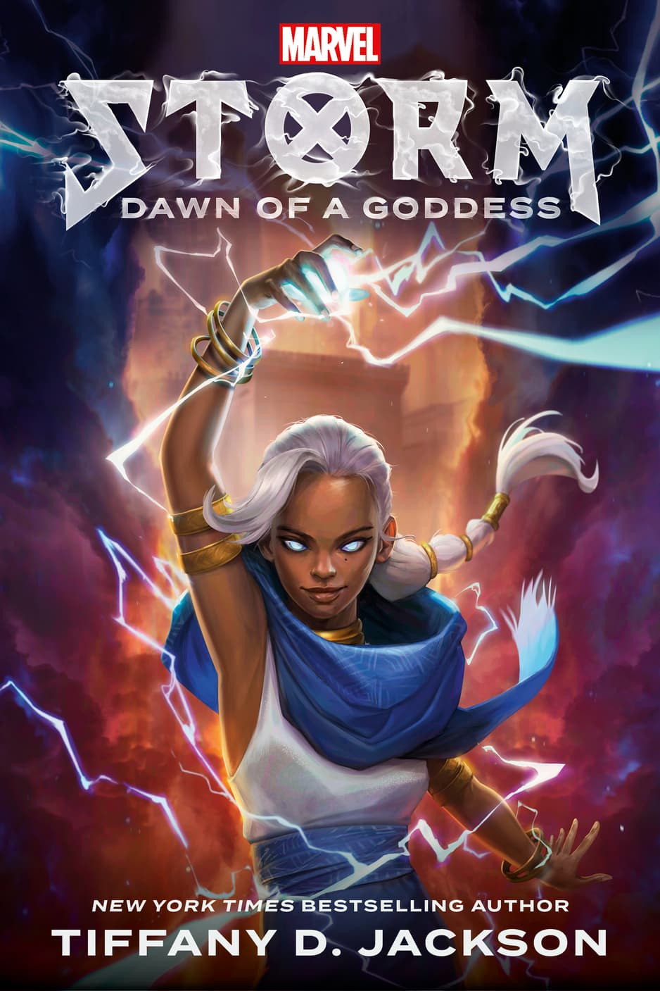 Storm using her powers in front of a building.