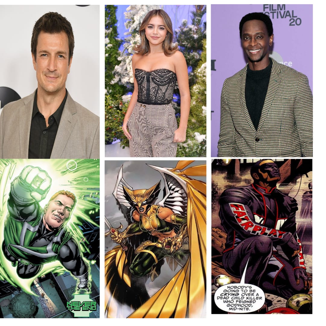 Above actors are Nathan Fillion, Isabela Merced, and Edi Gathegi. Bottom row is Guy Gardner, Hawkgirl, and Mister Terrific